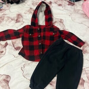 Infant Red and Black Plaid Hoodie with Black Pants Set